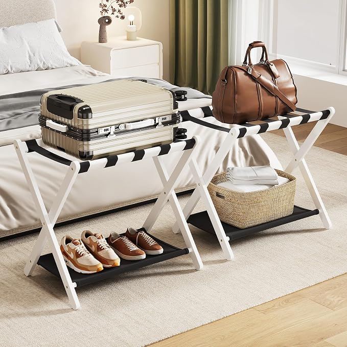 Fully Assembled Luggage Rack, 26.77" Folding Suitcase Stand with Storage Shelf, Bamboo Luggage Stand for Guest Room, Bedroon and Hotel, Holds up to 165 lb, Fit Most Luggage Size, 1 Pack, White - Image 9