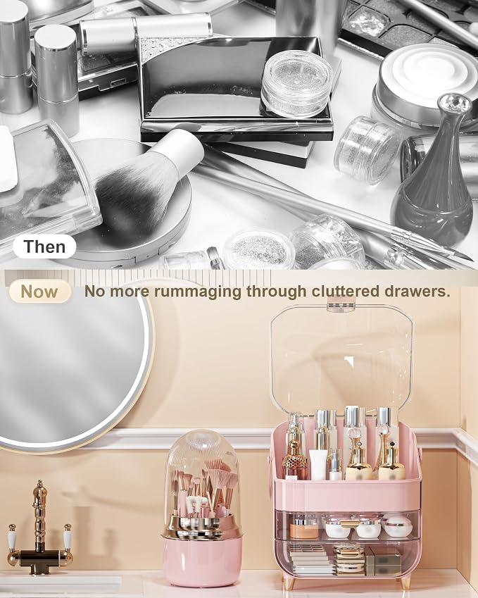 Makeup Organizer Countertop, Skincare Holder Bathroom Counter Organizer, Storage Box Cosmetic Display Cases, Teen Girl Gifts Make up Organizers (Pink/Brush) - Image 7