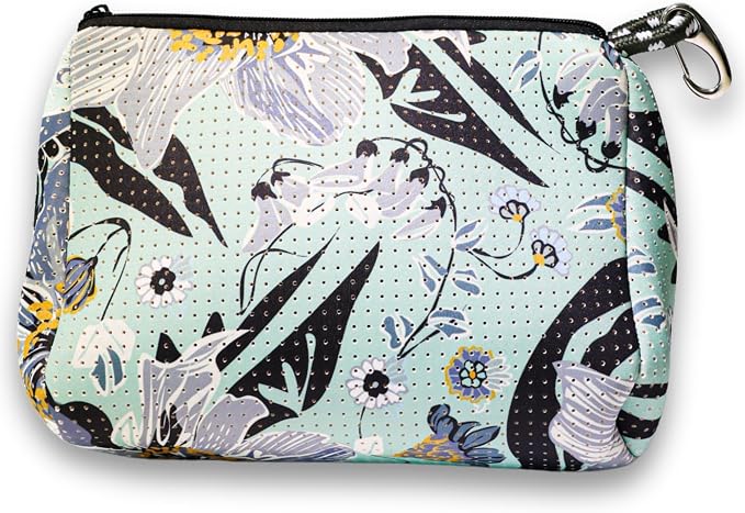 POPUPS Brand Large Makeup Bag with Zipper - Neoprene Machine Washable Travel Toiletry Cosmetic Organizer Pouch for Women (Print Blossom Mint) by POPUPSBrand