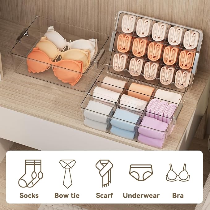 Socks Bra Underwear Drawer Organizer for Closet, 2 PCS Plastic Storage Box with 9 Removable Compartments and Lid, Clear Dresser Drawer Organizer Storage Container with Dividers for Sock Ties Belts - Image 8