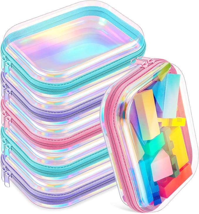 Sanwuta 6 Pcs Clear Hard Zipper Case Plastic Zipper Pouches Transparent Makeup Bag Pencil Case Pouches Toiletry Diaper Bag for Travel Toy Storage Organizer Bins(Holographic,7.87 x 5.9 x 2 Inch) by Sanwuta