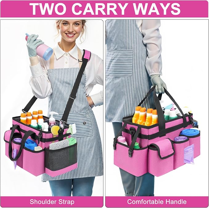 Cleaning Caddy,Cleaning Bag for Housekeepers,Cleaning Supplies Organizer with Handle,Rose Red - Image 5