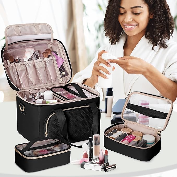 Large Makeup Bag for Women, Cosmetic Case, Travel Makeup Organizer | Large Cosmetic Case with 2 Pouches & Adjustable Dividers, Makeup Organizer Fits Bottle Vertically, Portable Travel Accessory - Image 7