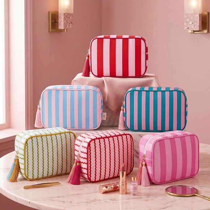 Kacctyen 6 Pack Mixed Color Striped Makeup Bag bulk with Tassel Travel Cosmetic Pouch Organizer Large Zipper Toiletry Case for Women Aesthetic Storage Pouch Mahjong Tile Bag - Image 4