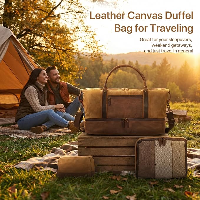 Waxed Canvas Duffel Bag with Shoe Compartment | 3-Piece Oversized Weekender Set Genuine Leather Trim Vintage Travel Carry-On Overnight Bag - Image 7