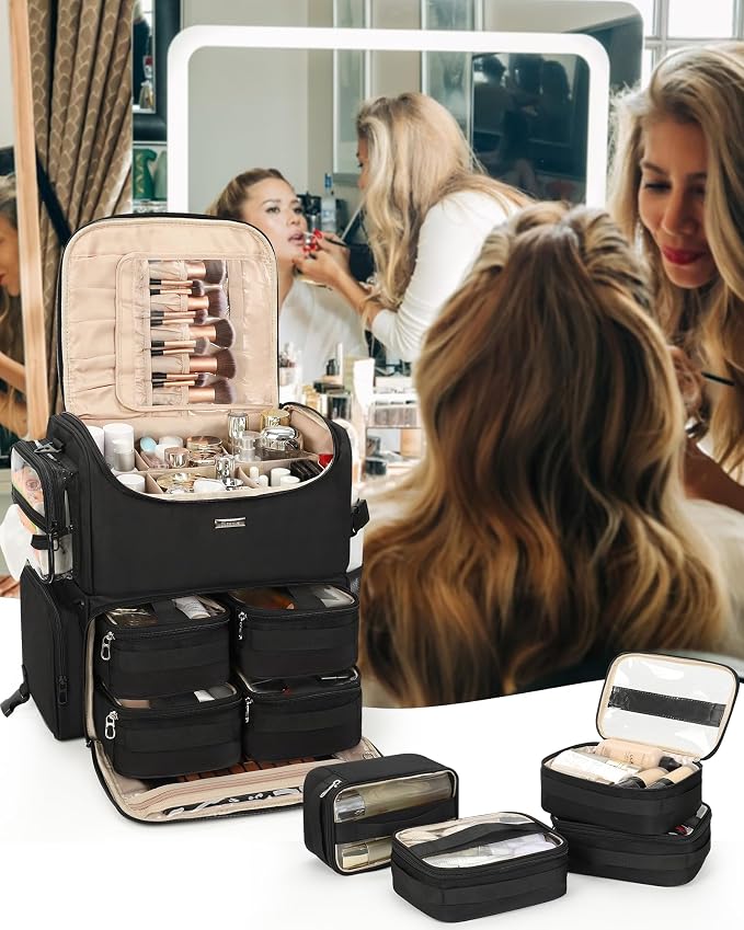 Relavel Rolling Makeup Case, Professional Makeup Artist Set Bag Cosmetic Organizer with 4 Clear Bags & Adjustable Dividers, Large Capacity Travel Train Case, Black - Image 6