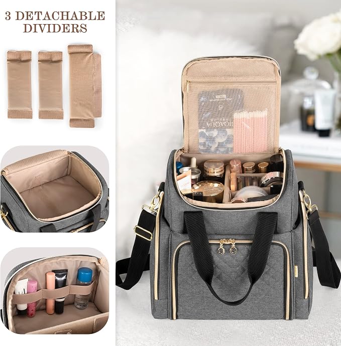 LUXJA Travel Makeup Bag with 2 Removable Makeup Cases, Gray | Large Cosmetic Bag with Multiple Storage Sections, 3 Detachable Dividers, Detachable Shoulder Strap, Trolley Sleeve - Image 2