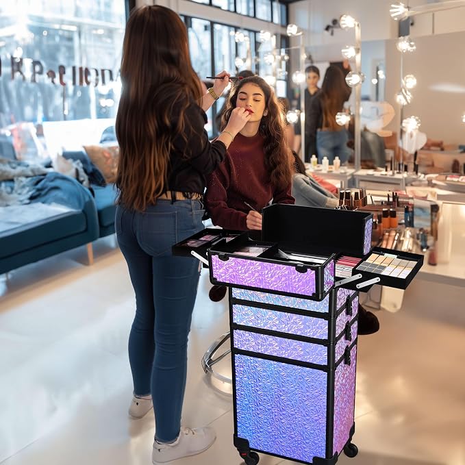 BYOOTIQUE Rolling Makeup Case 4in1 Cosmetology case on wheels Makeup Artist | Aluminum Rolling Makeup Suitcase 360° Detachable Wheel Lockable 54Lb Large Capacity Organizer Nail Tech Mermaid Purple - Image 8
