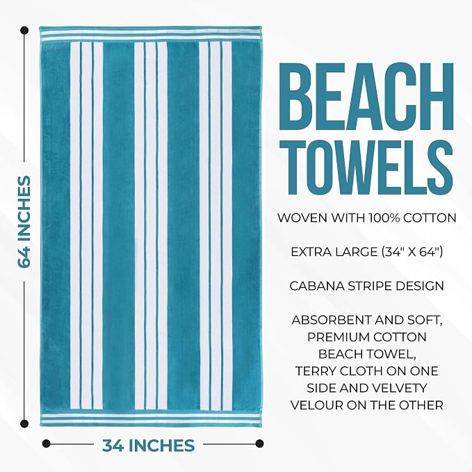 Superior Oversized Cotton Beach Towel Set of 6, Absorbent Towels for Bathroom, Pool, Swim, Adults, Kids, Vacation, Travel, Bath, Quick Dry Basics, Trip Essentials, Striped Decor, Turquoise - Image 5