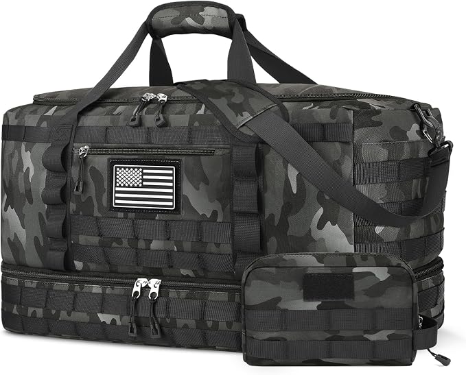 Travel Bag for Men Women, Gym Bag & Tactical Duffle Bags for Travel, Carry on with Toiletry Bag and Shoe Compartment, Weekender Overnight Trip with Wet Pocket for Workout Medical, Black Camo by ETRONIK