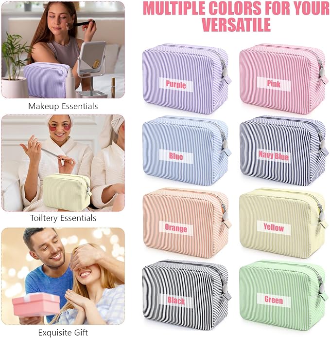 Giesiery 8 Pcs Seersucker Makeup Bags Striped Cosmetic Bags Bulk Organizer for Women Preppy Travel Toiletry Pouch for Wedding Bridesmaid Gifts (Pastel Color, Large) - Image 6