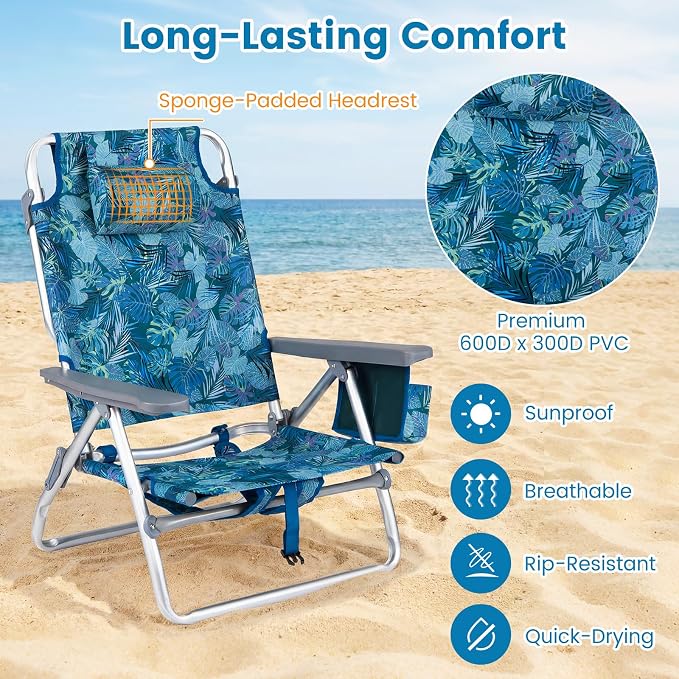 Giantex Folding Beach Chair, Patio Sling Chairs with 5 Adjustable Position, Head Pillow, Storage Bag, Towel Bar, Cup Holders, Backpack Chairs for Sunbathing, Camping Chair - Image 6