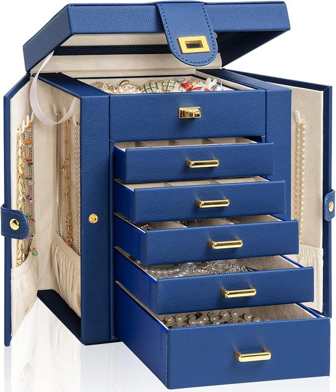 AKOZLIN 6-Tier Jewelry Box Organizer Functional 5 Drawers Leather Jewelry Storage Case for Women Girls Ring Necklace Earring Bracelet Holder Organizer with Mirror Blue Regular by AKOZLIN