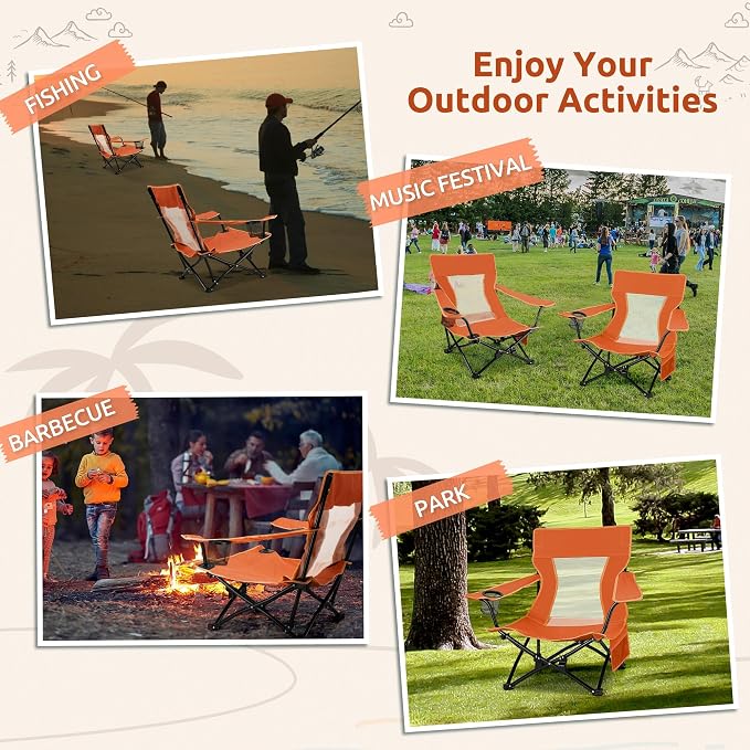 HaSteeL Folding Beach Chair Set of 2, Foldable Orange Camping Chairs for Outside, Low Beach Chair Portable for Adults Fishing, Picnic, Outdoor BBQ, Travel, Sports, Cup Holder & Storage Bag - Image 8