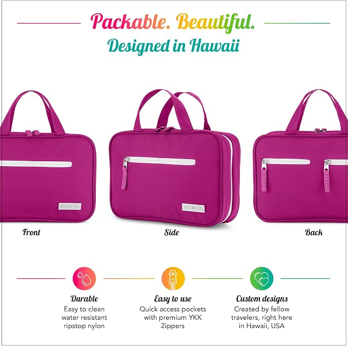 Eco Sun Hanging Travel Toiletry Bag — Designed in Hawaii — Water-resistant Travel Organizer for Bathroom Accessories (Magenta) - Image 7