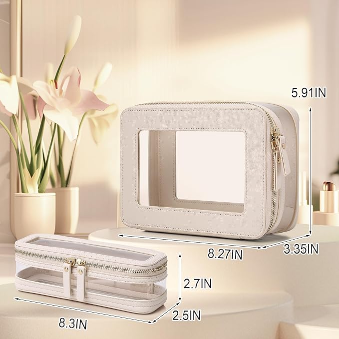 Pinkmik Clear Makeup Bag with Brush Case Travel Toiletry Bag Waterproof Cosmetic Organizer Car Essentials for Women (Beige, M+SLIM-1) - Image 4