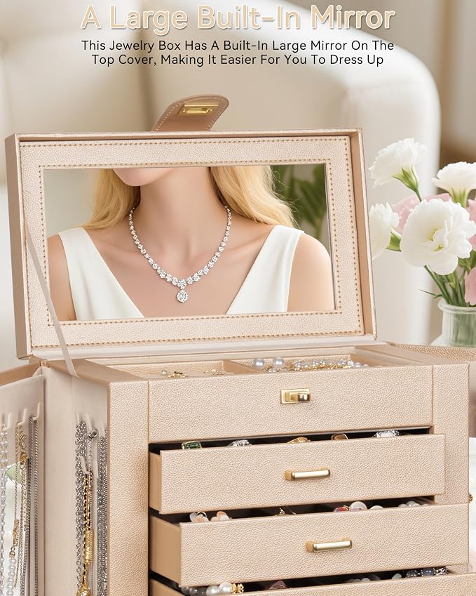 AKOZLIN 6-Tier Jewelry Box Organizer Functional 5 Drawers Leather Jewelry Storage Case for Women Girls Ring Necklace Earring Bracelet Holder Organizer with Mirror XL Champagne 360° Rotating - Image 6
