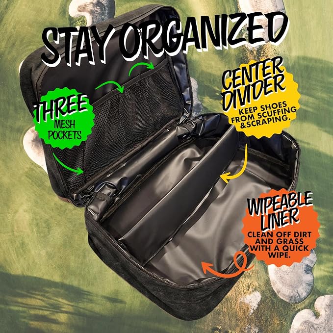 Wild Horses Golf Shoe Bag - Premium 12oz Waxed Canvas w Ventilation - Free Mini Towel & ShoeHorn - Easy Wipe Down Interior - Waterproof Travel Shoe Bag Storage - Men & Women up to Size 14 - Black - Image 3