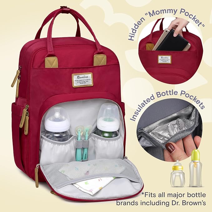 RUVALINO Diaper Bag Backpack, Multifunction Travel Pack Maternity Baby Changing Bags, Large Capacity, Waterproof, Purplish Red - Image 2