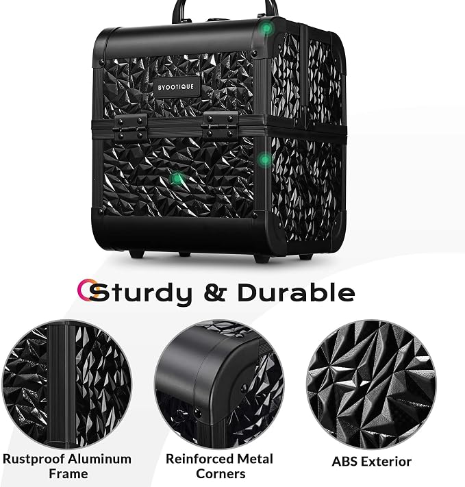 BYOOTIQUE Mini Makeup Train Case with Mirror 2 Tier Trays Box Makeup Artist | Aluminum Portable Travel Makeup Case Organizer Box Lockable Suitcase Cosmetic Storage Hairstylist Nail Tech Mermaid Black - Image 5