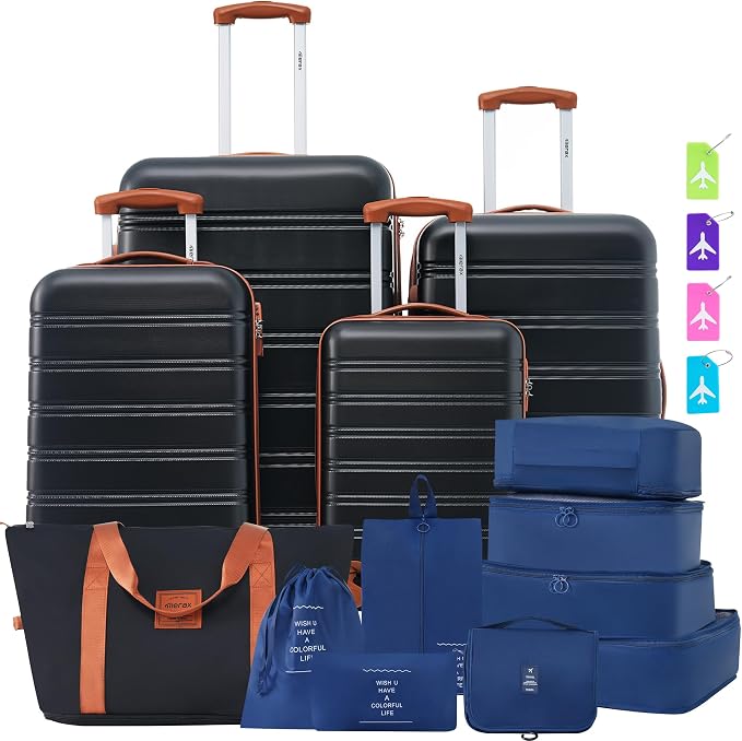 Merax Luggage sets of 13 Piece 16 20 24 28 IN Carry on Luggage sets 4 piece Hardcase Black and Brown Luggage Expandable Suitcase Set with Wheels by Merax