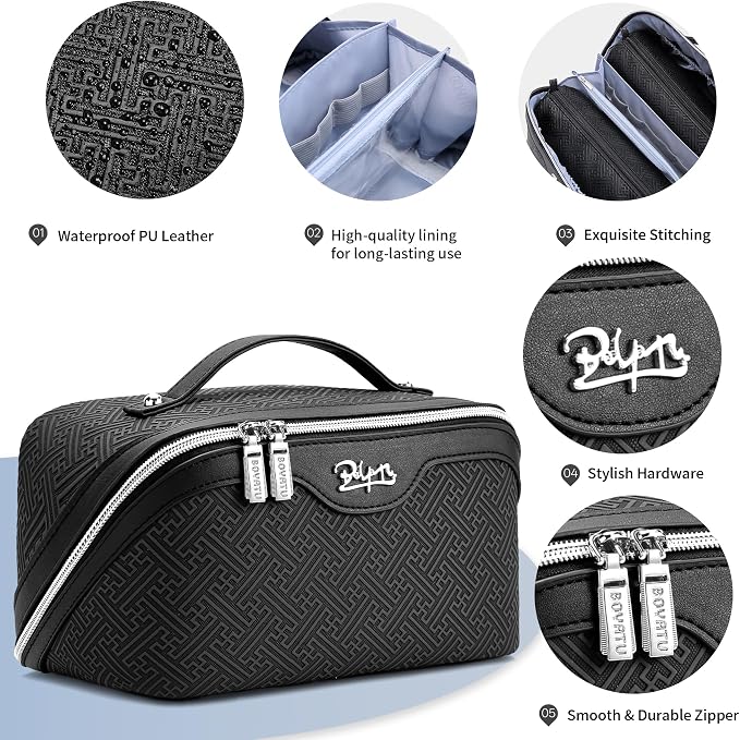 BOYATU Travel Makeup Bags for Women: Vintage Roman Column Texture | Each Journey, Quiet Luxury Serenity - 3 Pcs Set Large Capacity Cosmetic Bag Organizer Toiletry Purse(Black) - Image 4