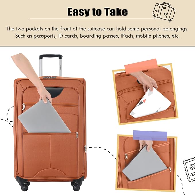 Merax Softside Luggage Set, Travel Suitcase Expandable Lightweight 3 Piece | Luggage Sets with Spinner Wheels 22" 26" 30" Suitcase with TSA Lock (Orange) - Image 3
