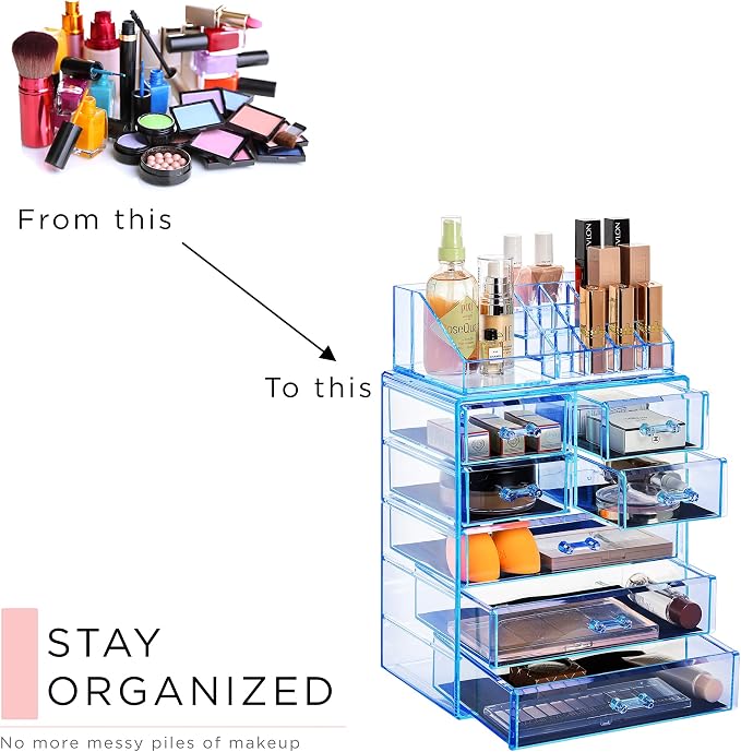 Sorbus Acrylic Makeup Organizer Set, 7-Drawer Vanity & Countertop Cosmetic Storage with Small & Wide Compartments, Blue Brilliance Makeup Storage for Brushes, Jewelry – Holiday Gift for Women & Teens - Image 7