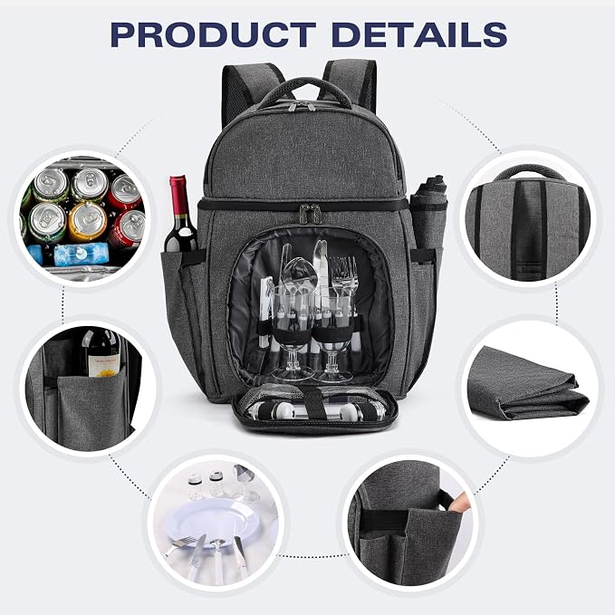 Vogano Picnic Backpack & Accessories – Insulated Picnic Set for 2 Person with Dual Compartments, Lightweight Blanket, Cutlery Set, for Newlyweds and Couples Gifts Grey - Image 7