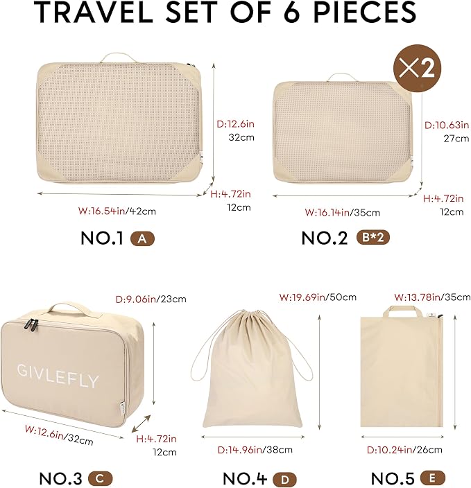 GIVLEFLY Compression Packing Cubes for Travel, 6-Piece Lightweight Luggage Organizer Bags, Space Saving Suitcase Packing Set for Women - Image 5