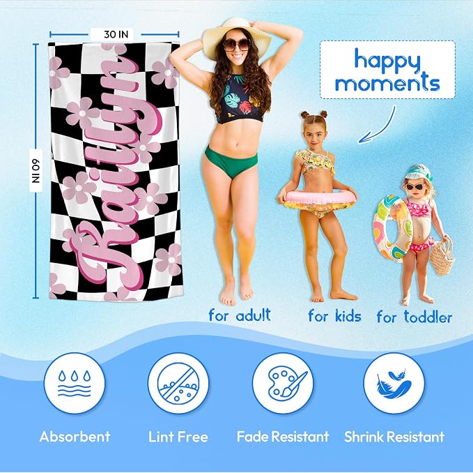JML Personalized Beach Towel with Name, Custom Flower Beach Towel, Customized Microfiber Pool Towel, Quick Dry & Absorbent Swim Towel for Adult,Mother's Day, Birthday, Summer Holiday,Vacation - Image 3