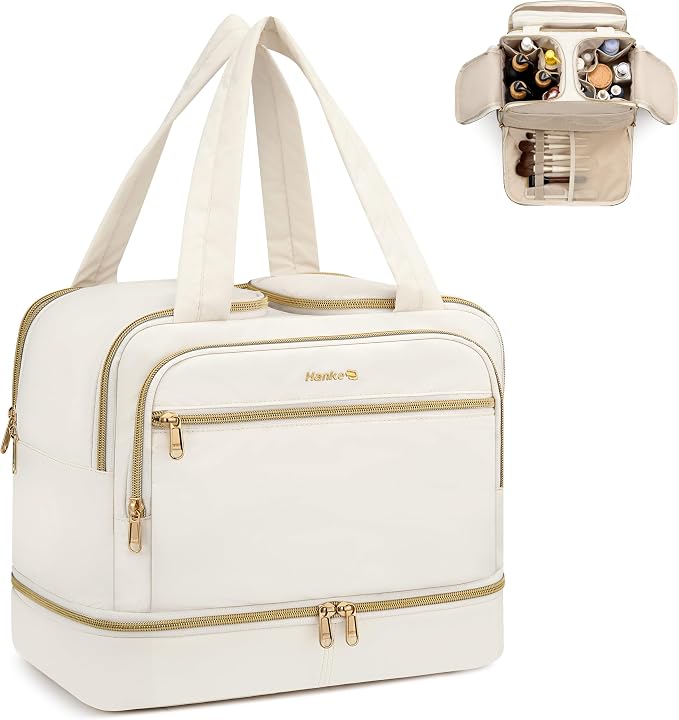 Hanke Travel Toiletry Bag, Lightweight Wide-open Large Toiletry Bags for Women, Dual-Layer Makeup Bag Water-Resistant Cosmetic Travel Bag with Handle for Accessories, Essentials, Off White by Hanke