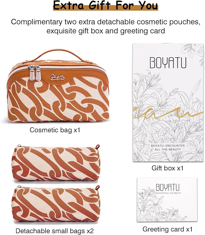 BOYATU Travel Makeup Bag for Women: Large Capacity 3-Piece Cosmetic & Toiletry Organizer - Expands Storage by 50% with 2 Detachable Pouches,Opens Flat for Easy Packing,Waterproof PU Leather(Orange) - Image 8