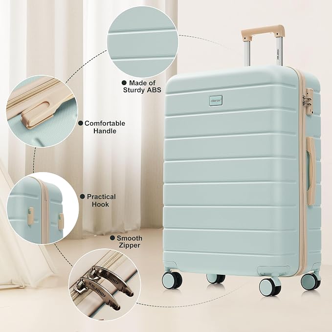 Hardside Luggage Sets, Lightweight Stripes Suitcase with Spinner Wheels, Grey Green 6pcs - Image 2