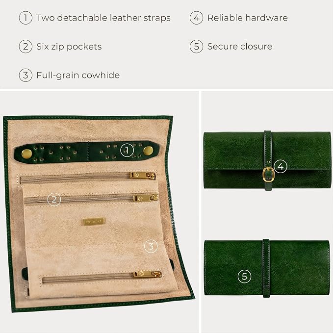 Time Resistance Leather Jewelry Roll - Full Grain Leather Travel Jewelry Case - Jewellery Organizer Made in Italy (Green) - Image 6