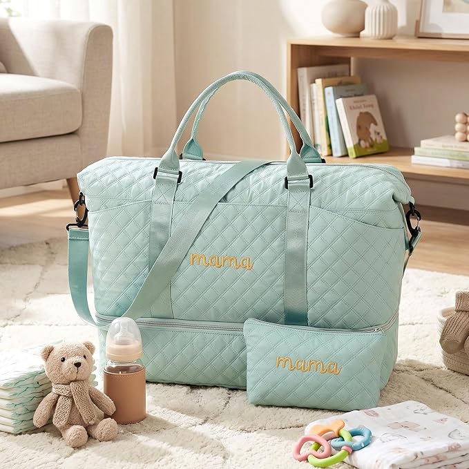 Dansydaisy Mama Hospital Bag for Women Labor Delivery Travel Duffle Bag with Shoe Compartment and Toiletry Pouch Waterproof Letter Embroidered for Pregnancy Weekender Overnight Gym Gift, Green - Image 2