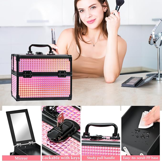 Makeup Case Organizer,Makeup Train Case, Trays Cosmetic Box Portable, Profesional for Salon Barber,Black Bright Pink - Image 5