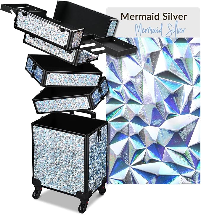 BYOOTIQUE Rolling Makeup Case 4in1 Cosmetology case on wheels Makeup Artist | Aluminum Rolling Makeup Suitcase 360° Detachable Wheel Lockable 54Lb Large Capacity Organizer Nail Tech Mermaid Silver by BYOOTIQUE