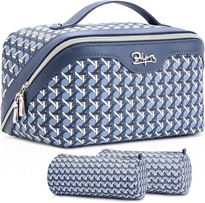 BOYATU Travel Makeup Bag Cosmetic Bags for Women: Large Capacity 3 Pcs Set Make up Bag with Compartments - Waterproof Vegan Leather Toiletry Organizer Bags with Handle (M-77Blue) by BOYATU