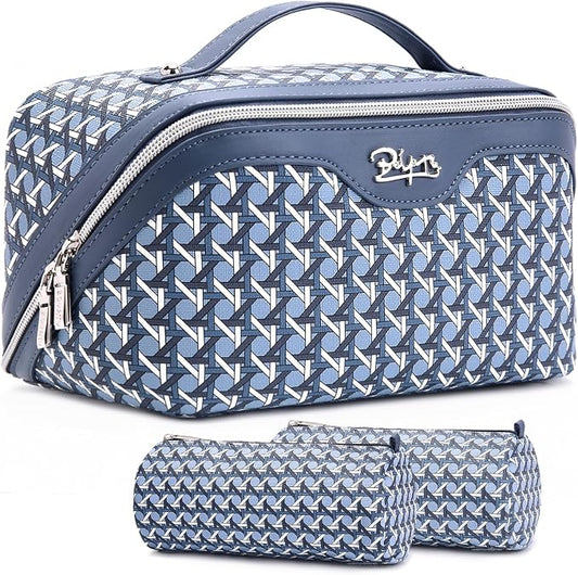 BOYATU Travel Makeup Bag Cosmetic Bags for Women: Large Capacity 3 Pcs Set Make up Bag with Compartments - Waterproof Vegan Leather Toiletry Organizer Bags with Handle (M-77Blue) by BOYATU