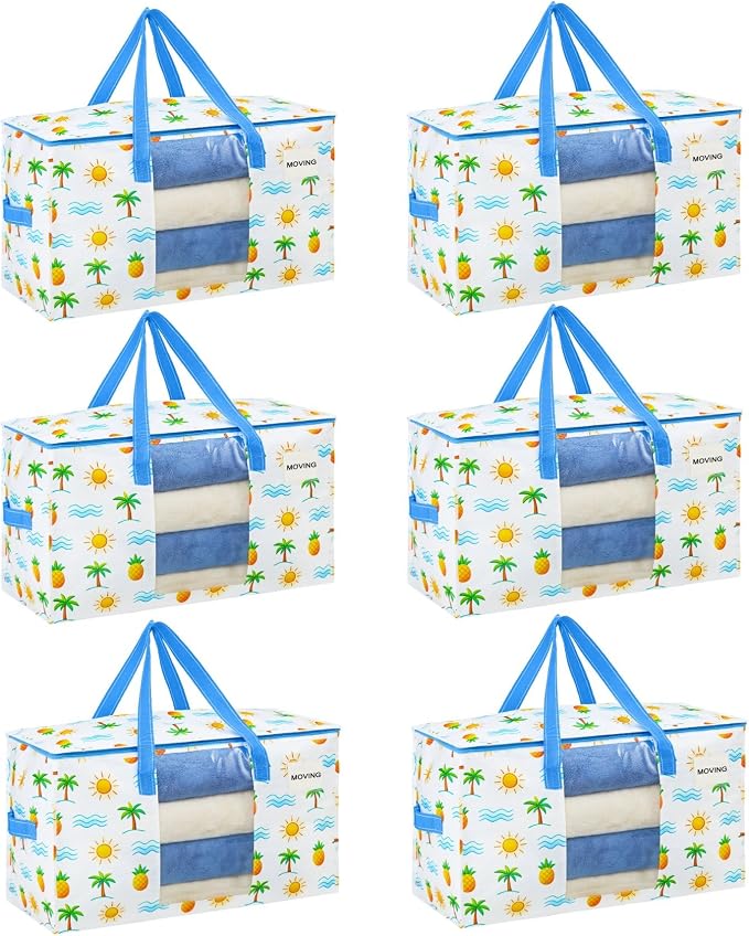 VENO 6 Pack Heavy Duty Moving Bags, Clothes and Comforter Storage Bags with Clear Window, College Dorm Essentials Packing Supplies, Foldable Boxes Alternative (Tropical Island, 6 Pack) by Veno