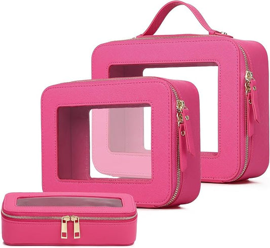 Pinkmik Clear Makeup Bag with Brush Bag 3pcs Waterproof Travel Case for Cosmetics and Toiletries Women's Makeup Organizer with Zipper (X/Fuxia, L+M+SLIM) by Pinkmik