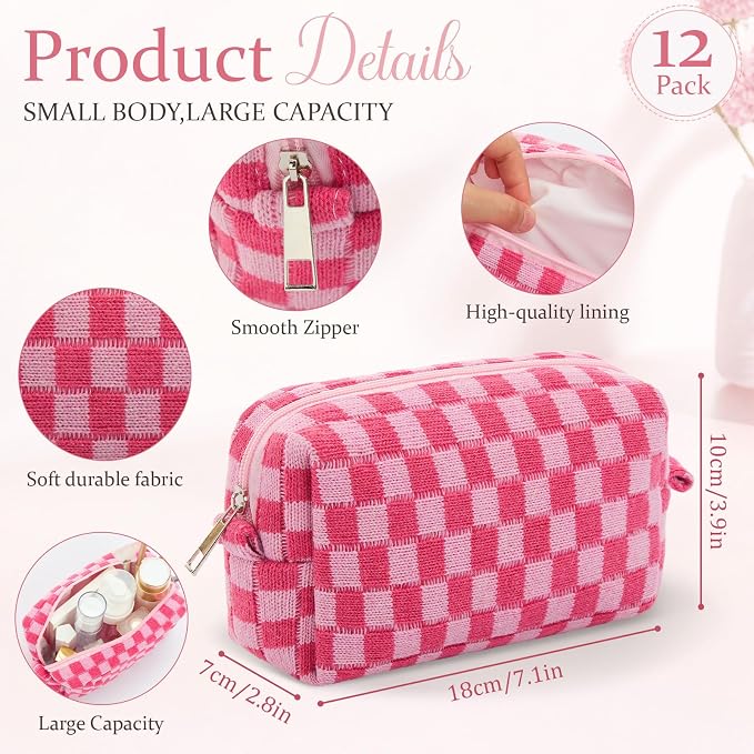 Gilprop 12 Pcs Checkered Makeup Bag for Purse Small Cosmetic Pouch Bulk Portable Zipper Makeup Pouch Travel Toiletry Organizer Gifts for Women Bridesmaid Wedding Party Favors (Hot Pink) - Image 2