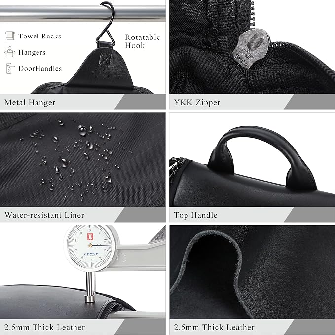 Masa Kawa Leather Hanging Travel Toiletry Bag for Men Portable Expandable Camping Cosmetics Makeup Toiletries Organizer Waterproof Bathroom Shaving Kit Black Wash Bags - Image 6