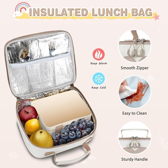ACESAK Girls Backpack - Bento Box with Insulated Lunch Bag Pencil Case & Utensils Set for Kids, 6 Leakproof Compartments Removable Tray Lunches or Snack Container for School (Khaki Beige) - Image 6