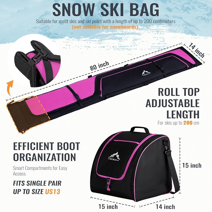 GoHimal Ski Bag & Boot Bag Combo, Padded Ski Carrier | Fits Skis Up to 200CM, Fits Boots Up to US13, Safety Reinforced, Water-Resistant, Ski Travel Bag - Image 2