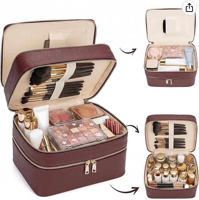 BAGOK Double Layer Makeup Vanity Case, Large Capacity Cosmetic Bag with Removable Divider & Brush Organizer, Travel Toiletry Bag for Women, Portable PU Leather Organizer with Handle - Image 6