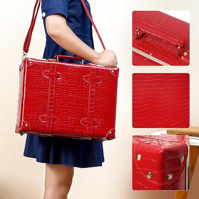 urecity Vintage and Cute Carry-on Overnight Case Non-wheeled Mini Leather Trunk Suitcase with Shoulder Strap - Image 4