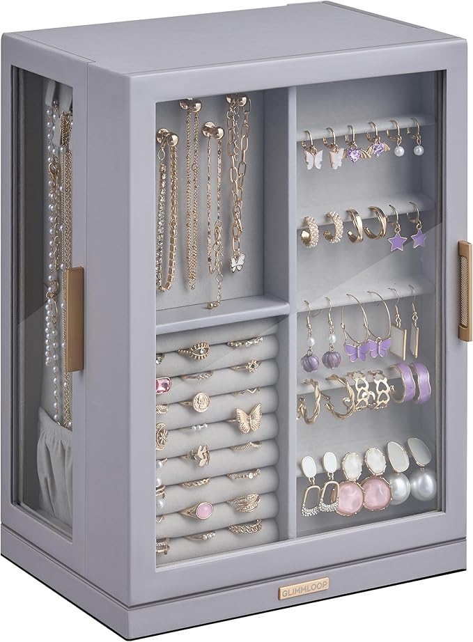 Glimmloop 360° Rotating Jewelry Box with 7 Drawers, Spacious Vertical Jewelry Organizer with Glass Window, Jewelry Storage Case, Dustproof & Moisture-resistant Design, Grey by Glimmloop