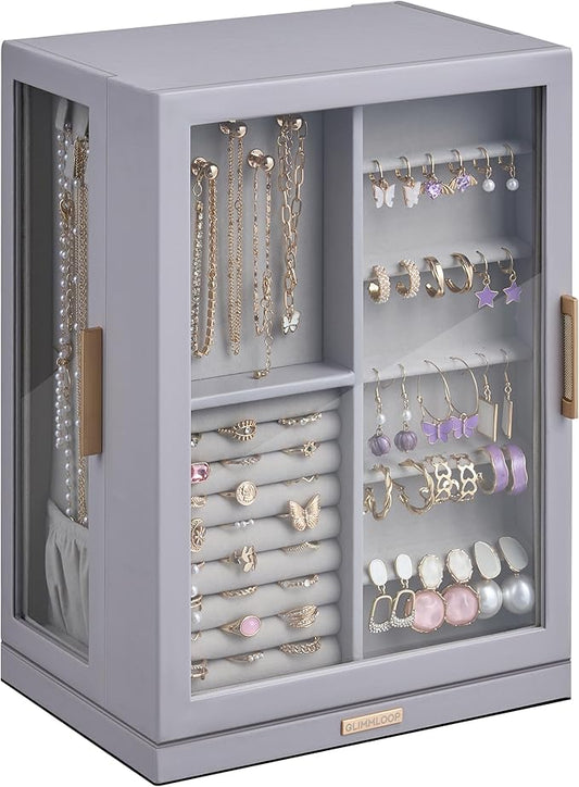 Glimmloop 360° Rotating Jewelry Box with 7 Drawers, Spacious Vertical Jewelry Organizer with Glass Window, Jewelry Storage Case, Dustproof & Moisture-resistant Design, Grey by Glimmloop